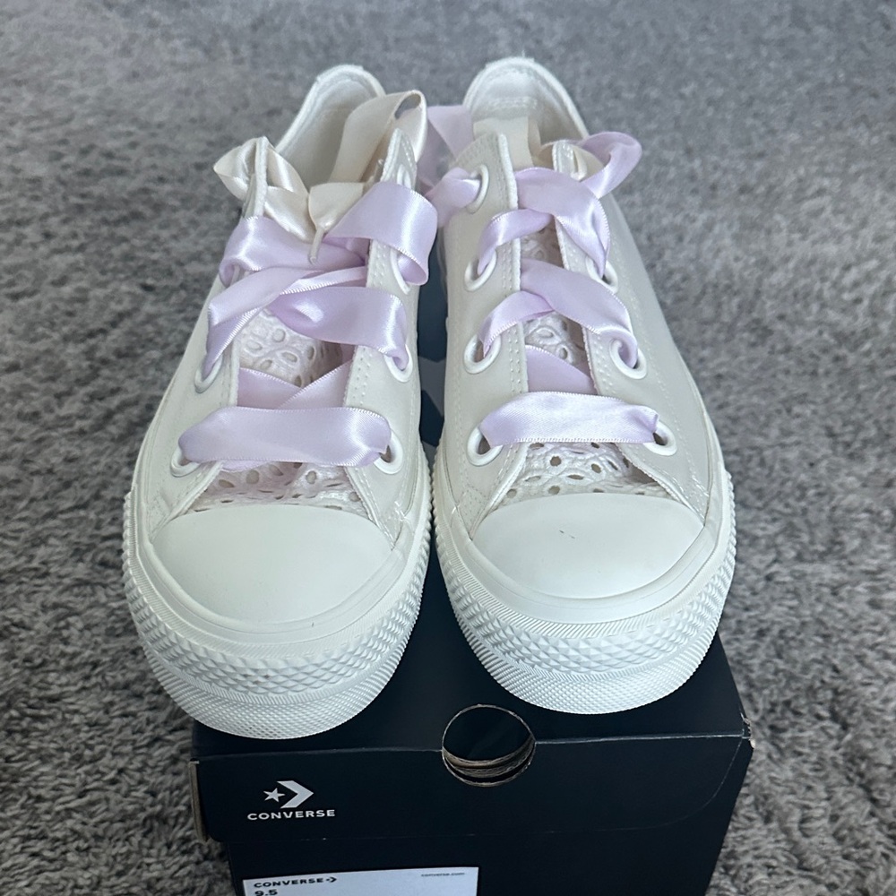Converse White Low-Top Sneakers with Lilac Satin Laces